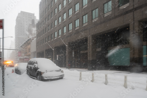 Snow storm on East Coast, New York City. Manhattan During Nor'easter Blizzard photo