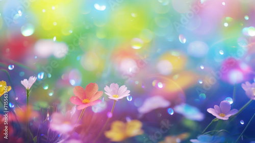 A dreamy display of colorful meadow flowers with glistening raindrops and enchanting bokeh light effects.
