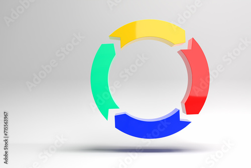 4 round arrows in yellow, red, blue, green building a cycle on a seamless grey background - metapher for continuous improvement. Shewhart cycle or other iterative processes. photo