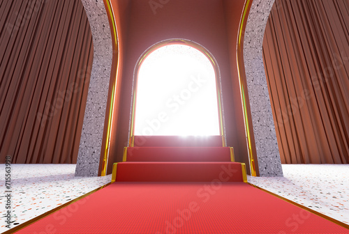 3D render of red carpet leading to an arch door with shining light  abstract background
