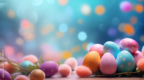 Soft pastel colored Easter eggs adorned with dots and patterns, presented with gentle bokeh lighting.