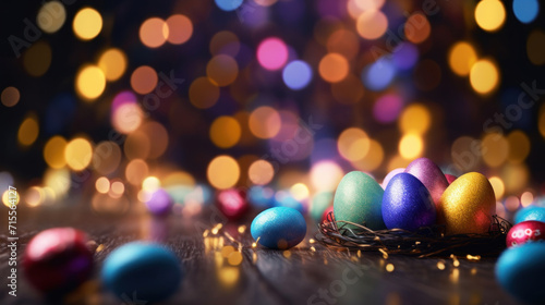 A nest of colorful sparkling Easter eggs against a backdrop of golden bokeh lights.
