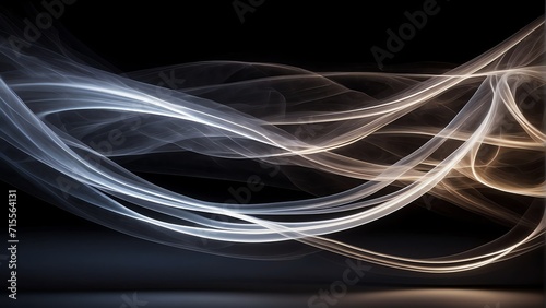 White neon curved wave of light with curls and swirls made with smooth glowing lines, motion light effect on black from Generative AI