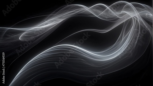White neon curved wave of light with curls and swirls made with smooth glowing lines, motion light effect on black from Generative AI