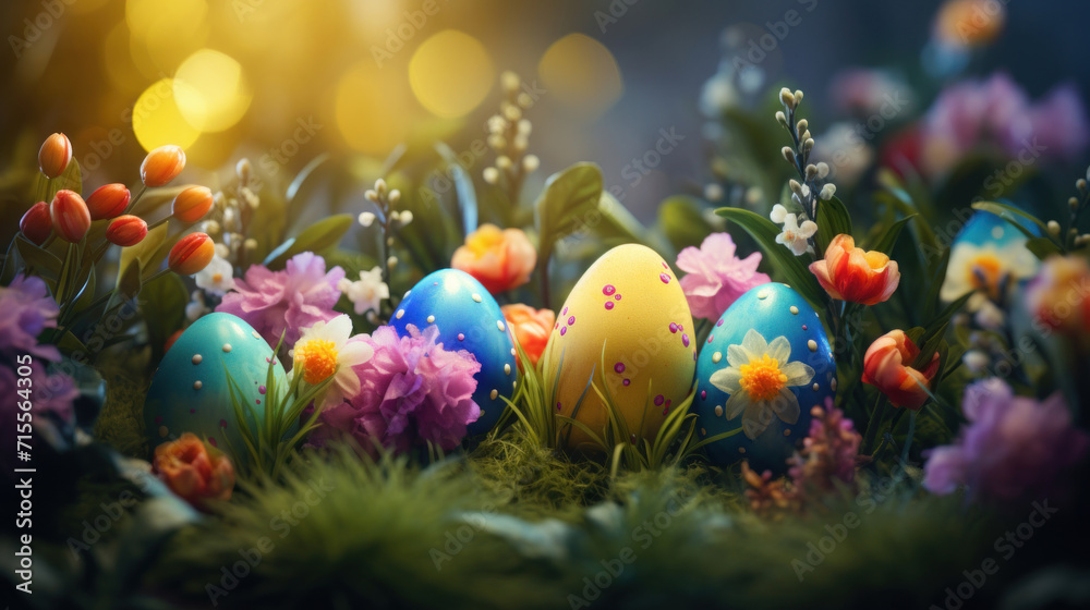 Decorated Easter eggs nestled in vibrant spring flowers and lush greenery, depicting the freshness of spring.