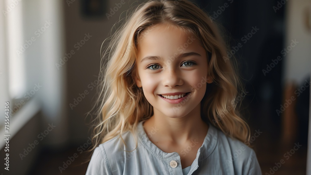 Happy young girl at home looking at the camera from Generative AI