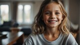 Happy young girl at home looking at the camera from Generative AI