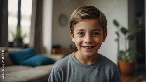 Happy young boy at home looking at the camera from Generative AI
