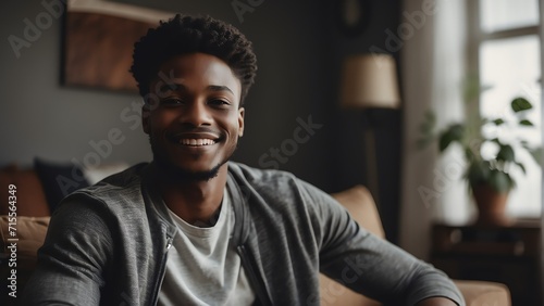 Happy young black african man at home looking at the camera from Generative AI