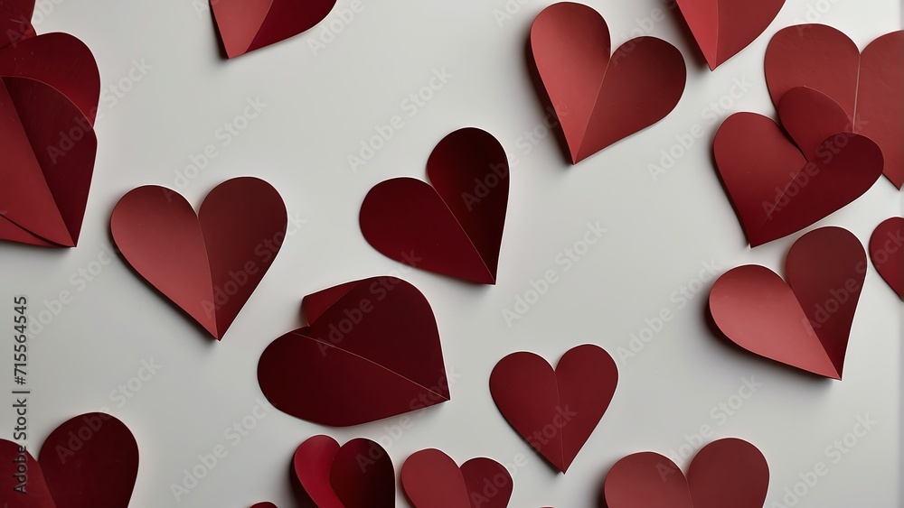 Dark red gradient abstract background of paper hearts in different size from Generative AI
