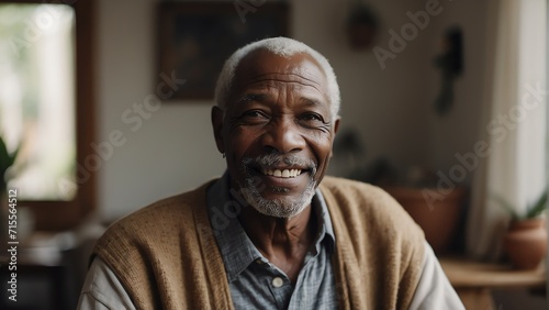 Happy elderly black african man at home looking at the camera from Generative AI
