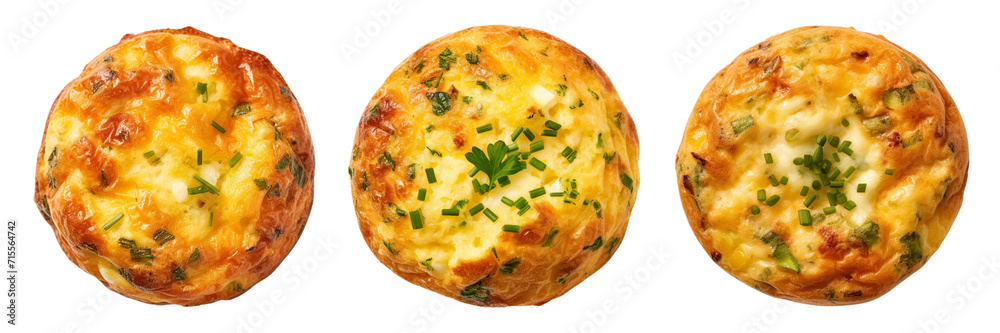 A set of veggie egg muffins is in the top view on a transparent background. PNG.