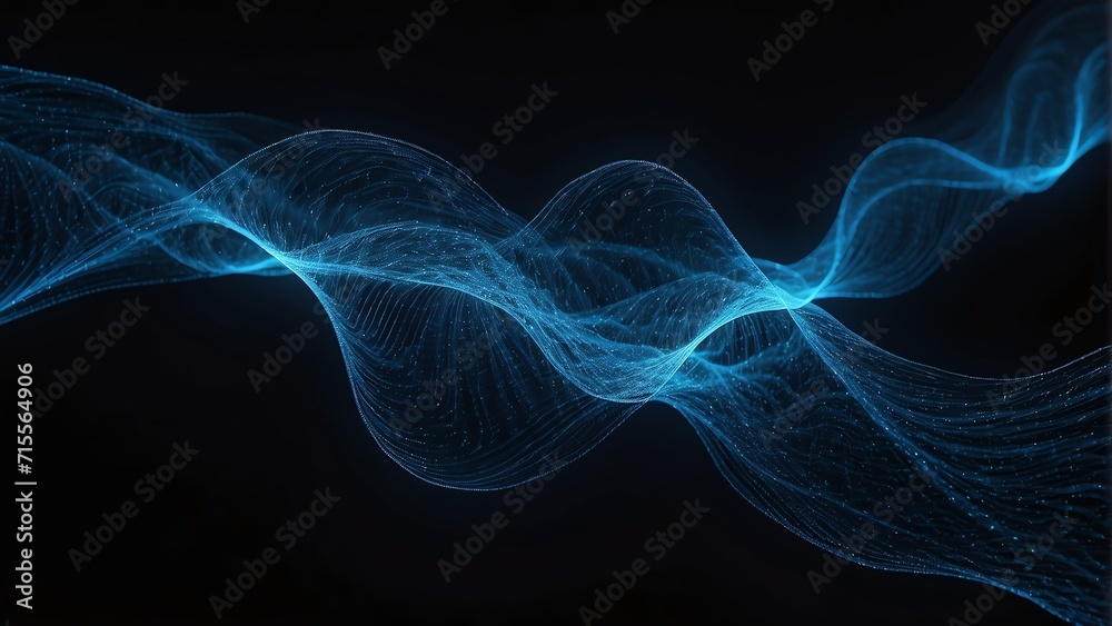 Curly wave made of symmetrical blue neon bright light dots on plain black background from Generative AI