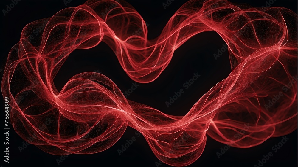 Curly wave made of red neon bright light dots on plain black background from Generative AI