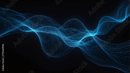Curly wave made of symmetrical blue neon bright light dots on plain black background from Generative AI © sevenSkies