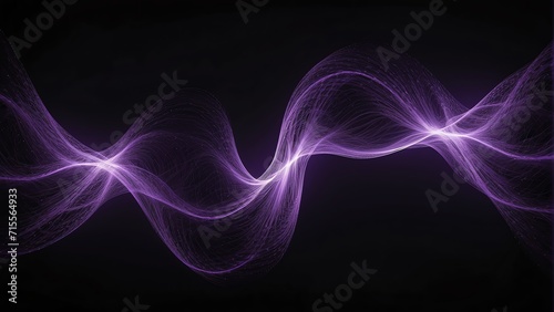 Curly wave made of purple neon bright light dots on plain black background from Generative AI