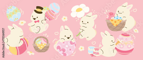 Cute rabbit and easter element vector set. Hand drawn fluffy rabbit, easter egg, flower, carrot, balloon. Collection of doodle bunny and adorable design for decorative, card, kids, sticker, easter.