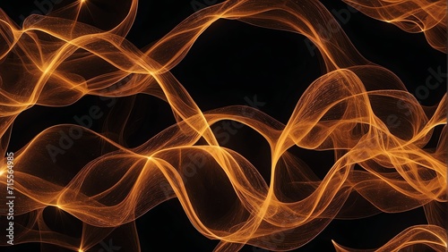 Curly wave made of orange neon bright light dots on plain black background from Generative AI