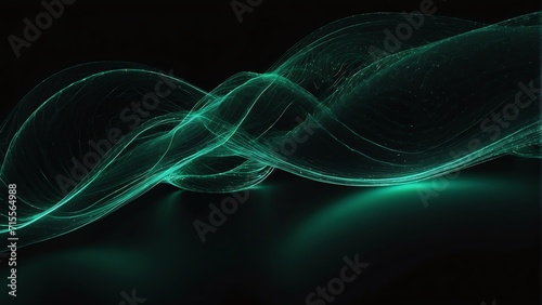 Curly wave made of green neon bright light dots on plain black background from Generative AI