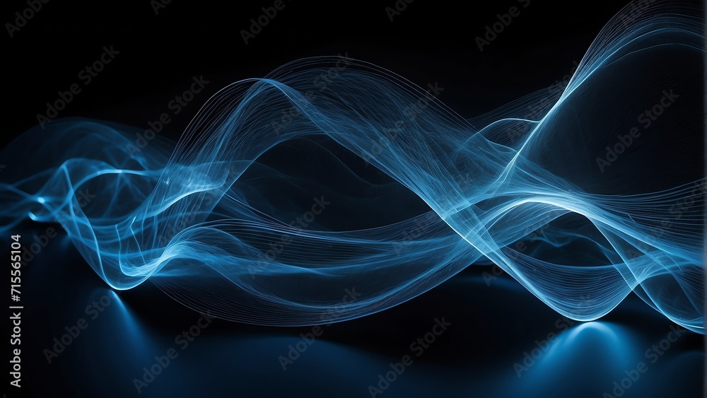 Contemporary abstract background of blue neon curved wave of light with curls and swirls made of dotted stripes from Generative AI