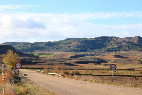 Lonely road with traffic sign in Spain