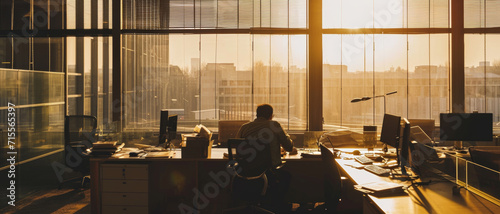 Early riser at work, silhouetted against a golden sunrise, starts the day in a serene, empty office photo