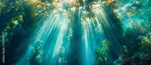 A tranquil forest scene captures the beauty of nature as the sun's rays filter through the water, illuminating the lush trees and plants in a picturesque landscape photo