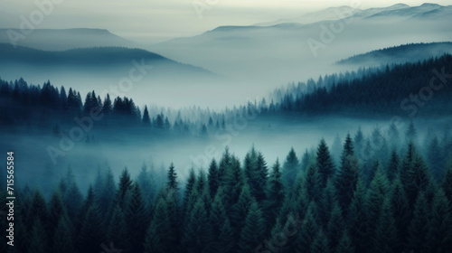 Mystical fog blankets a dense forest in the mountains, captured in the quiet of dawn. © tashechka