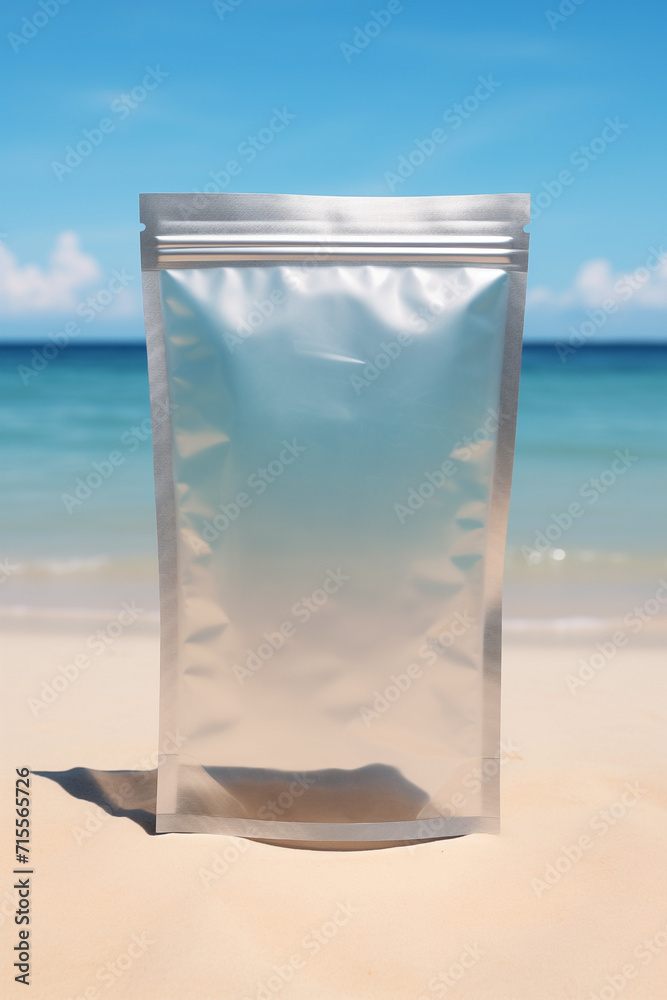 Ziplock bag mockup with space to place text and beach sand on the seashore blur background. Stand up packaging bag with copy space branding and advertisement for delivery purchase wrapping.