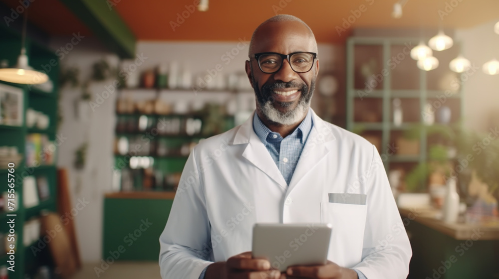 Smiling doctor standing in medical practice Smiling doctor standing in medical practice