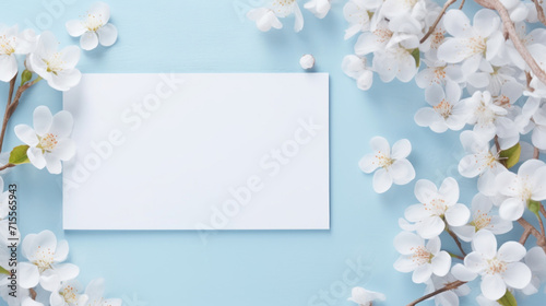 White spring blossoms surrounding a blank card on a bright blue background, perfect for messages.