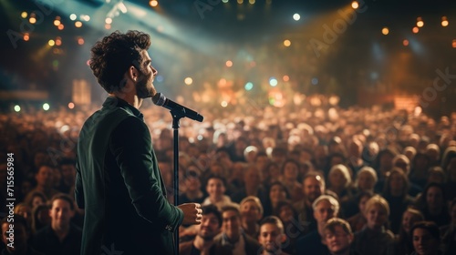 Famous singer male on tour standing singing in concert holding microphone lift up hand fun and happy in hall, night light tage nightclub bar city background, live music with audience crowd people photo