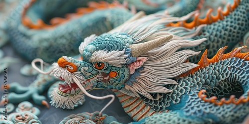 Stunning Macro-Effect Photograph of Intricate Blue Dragon Embroidery with Voluminous Detail