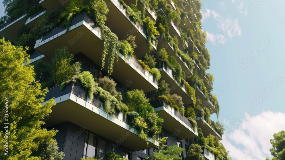 Sustainable green building in the modern city. Green architecture. Eco-friendly building. Sustainable residential buildings with vertical gardens reduce CO2. Apartment with green environment
