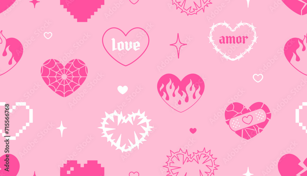 Pink Gothic hearts in 2000s style seamless pattern. Emo goth tattoo flamed hearts on pink background. Chain hearts and barbed wire hearts vector decor elements for print fabric and textile design