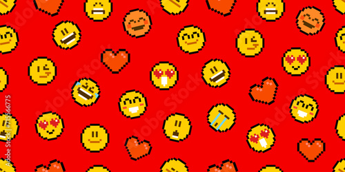 Pixel smiles and hearts on red background seamless patte. Vector 8 bit cute emoticon and face expressions. Funny emoticons with laugh, love emotion, and smile in pixel pattern
