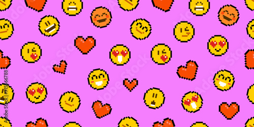 Pixel emoticons with hearts on pink background seamless patte. Vector 8 bit cute emoticon and face expressions. Funny emoticons with laugh, love emotion, and smile in pixel pattern
