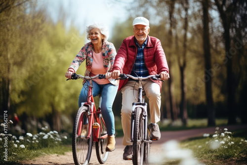 Youthful and playful happy senior old couple enjoy outdoor leisure activity riding bikes in spring cherry blossom park. Elderly Man woman in healthy active lifestyle. Retired people using bicycle
