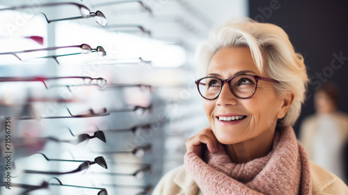 Elderly woman choosing reading glasses in optical shop