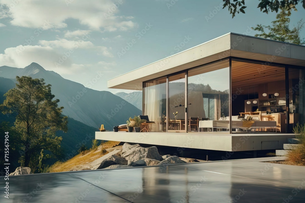 Fototapeta premium modern stylish trendy house in the mountains on a sunny day fashionable design panoramic windows beautiful landscape