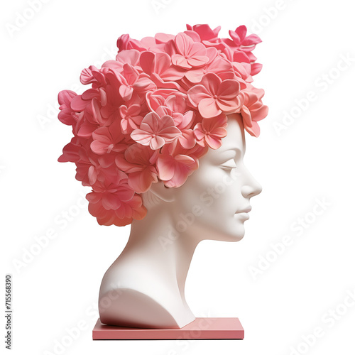 Woman head sculpture figure with blooming pink flowers. 3d object ceramic style. © Rita Paulina Kłysik