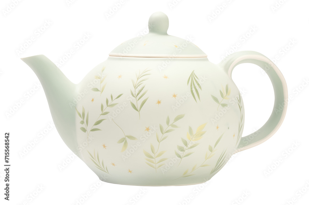 Obraz premium Ceramic teapot with botanical pattern isolated on transparent background.