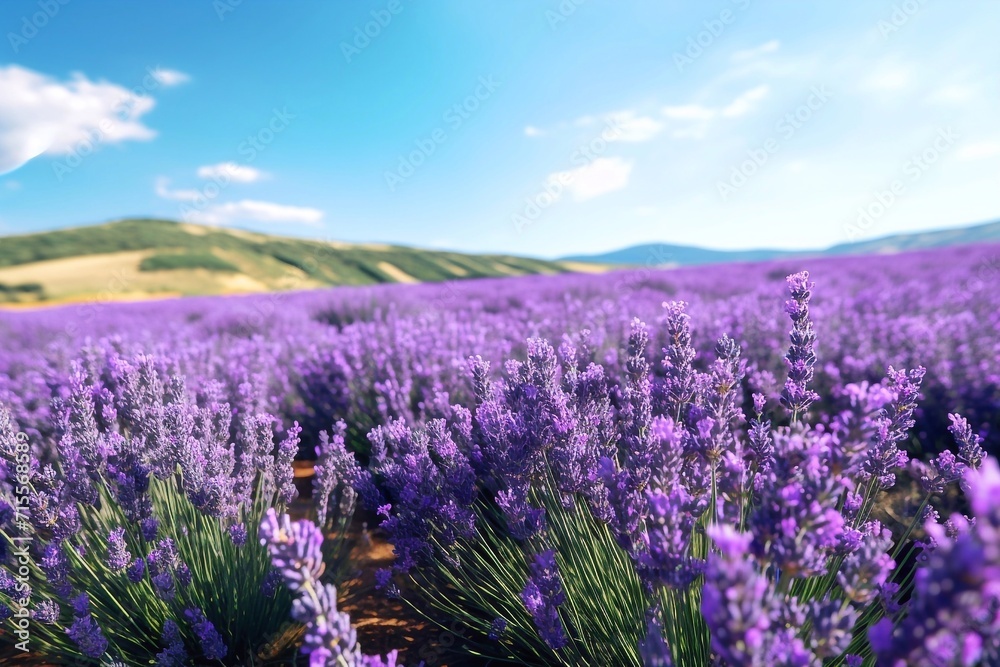 Lavender field on a summer day. Blooming lavender flowers. Nature background