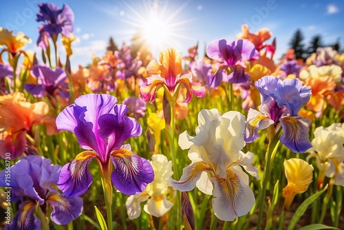 Colorful irises blooming in the garden on a sunny day