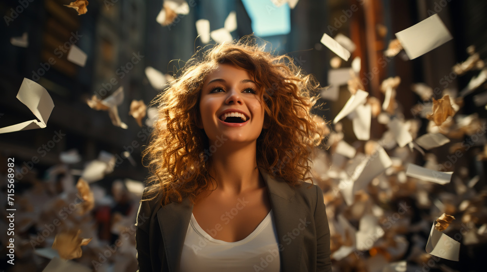 Young businesswoman throws paper document pages Young businesswoman throws paper document pages