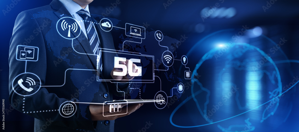 5G High-speed internet connection concept. Businessman pressing button on screen. 5G High-speed internet connection concept. Businessman pressing button on screen.