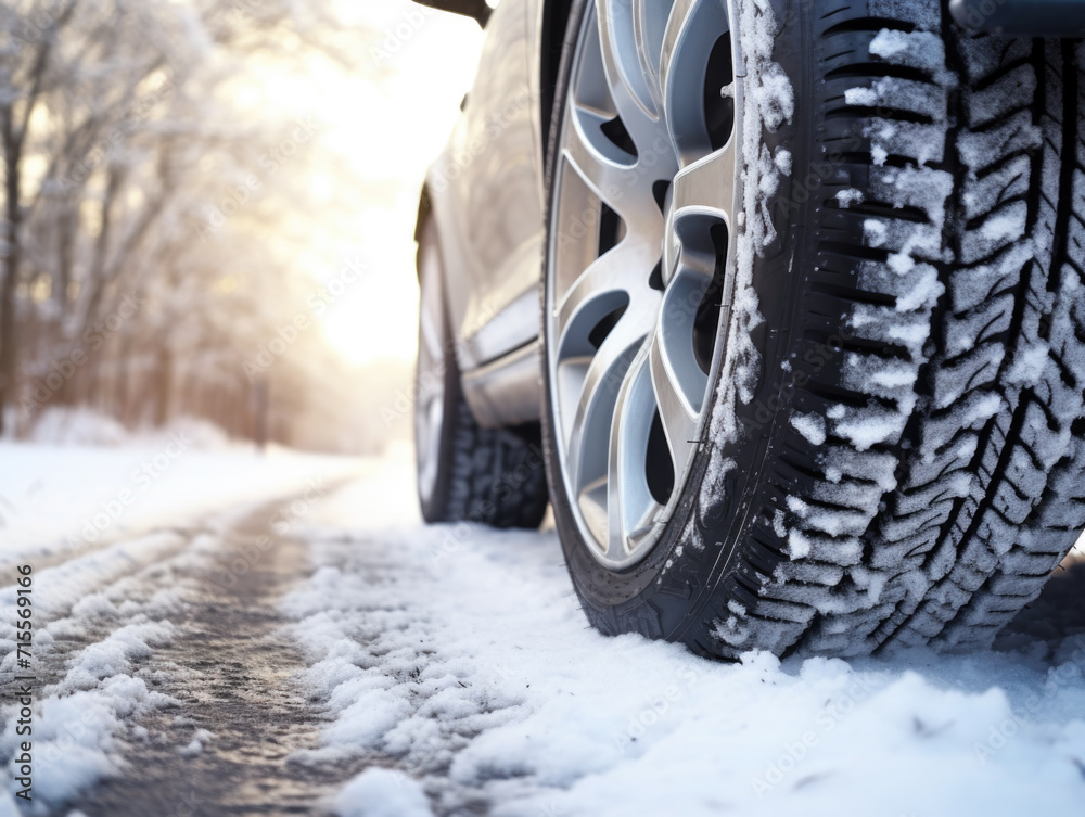 Snowy Road with Car Tire Showing Winter Tread.