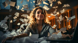 Young businesswoman throws paper document pages