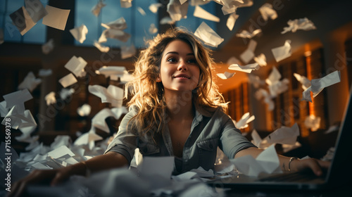 Young businesswoman throws paper document pages photo