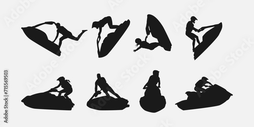 jet ski silhouette collection set. sport, race, vehicle, vacation concept. different actions, poses. monochrome vector illustration. photo